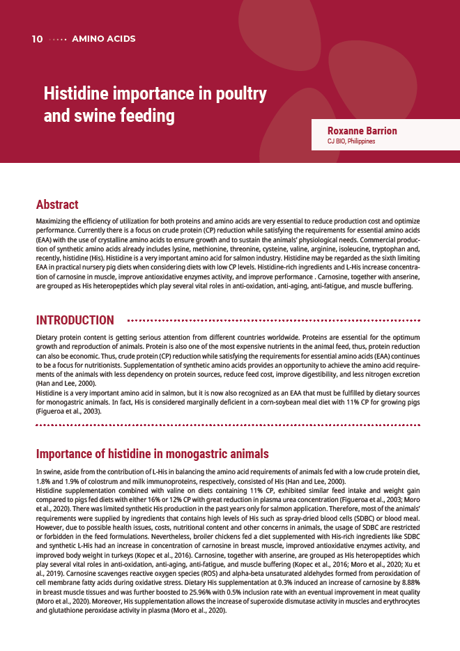 Histidine importance in poultry and swine feeding