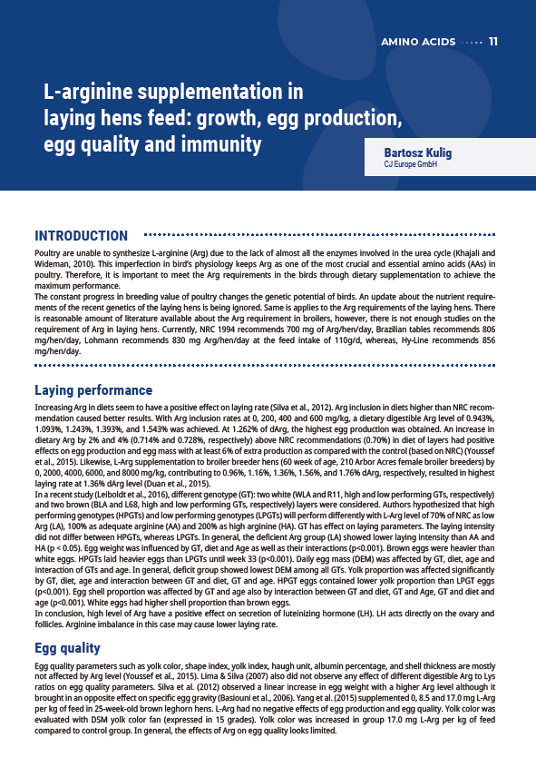 L-arginine supplementation in laying hens feed