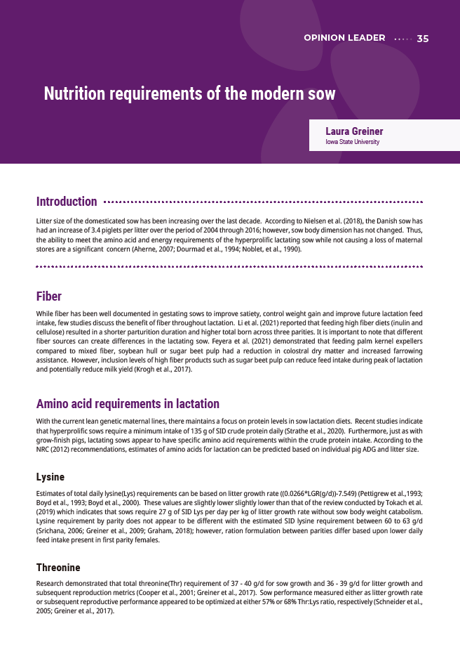 Nutrition requirements of the modern sow